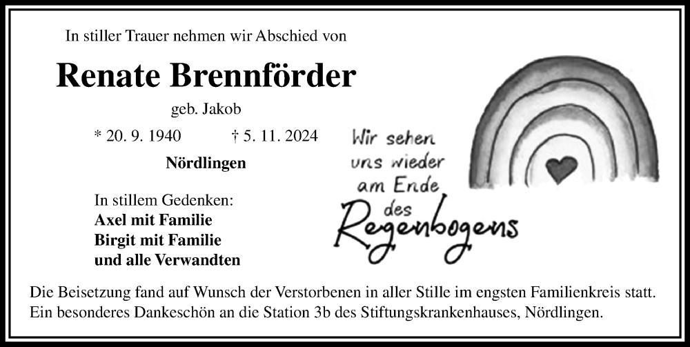 Traueranzeige von Renate Brennförder von Rieser Nachrichten