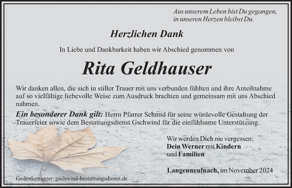 Traueranzeige von Rita Geldhauser von Schwabmünchner Allgemeine