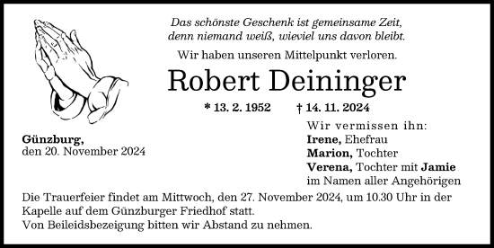 Traueranzeige von Robert Deininger von Günzburger Zeitung