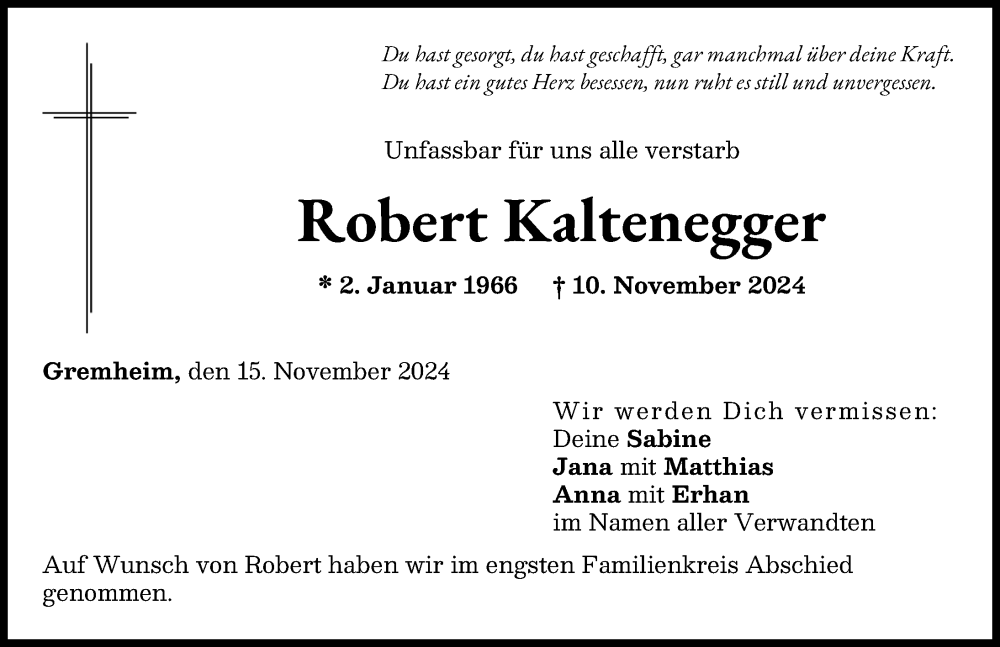 Traueranzeige von Robert Kaltenegger von Donau Zeitung