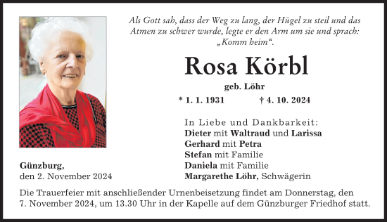 Traueranzeige von Rosa Körbl von Günzburger Zeitung