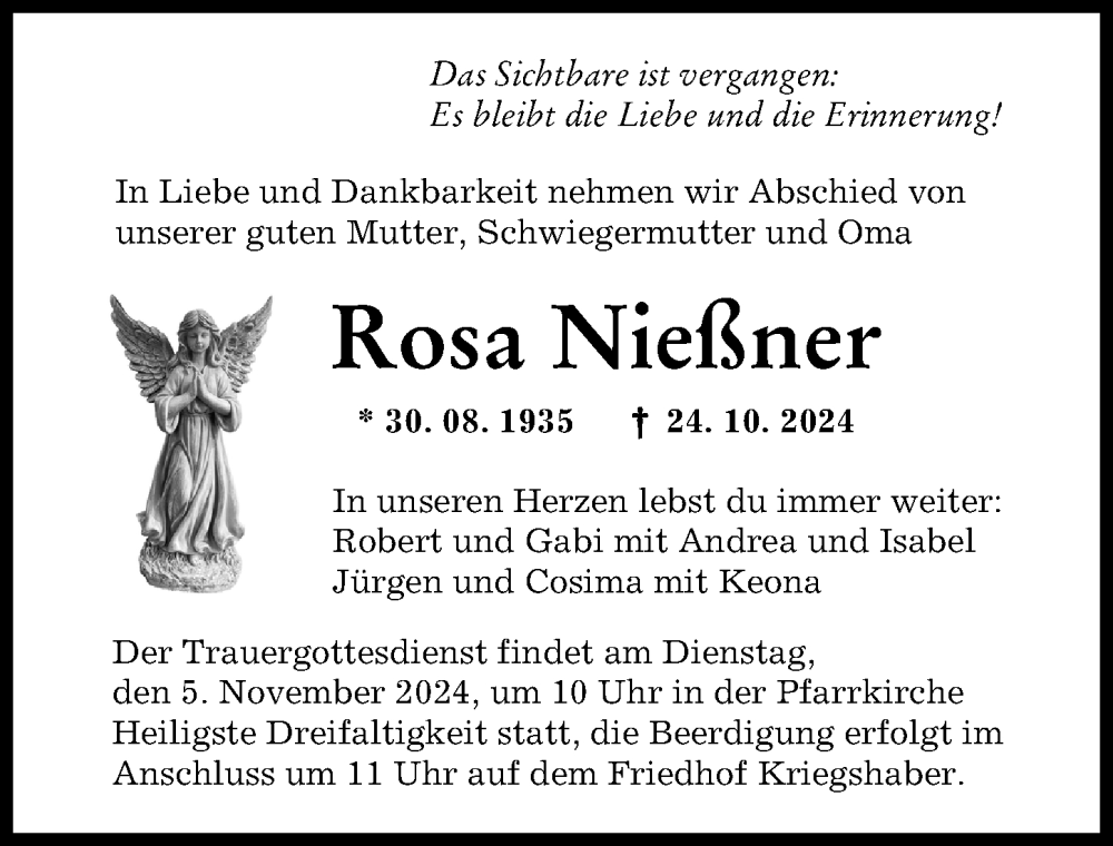 Traueranzeige von Rosa Nießner von Augsburger Allgemeine