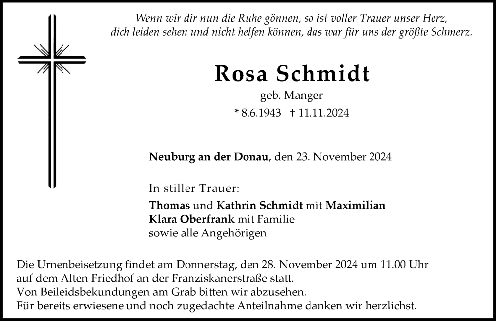 Traueranzeige von Rosa Schmidt von Neuburger Rundschau