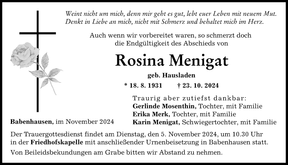 Traueranzeige von Rosina Menigat von Illertisser Zeitung