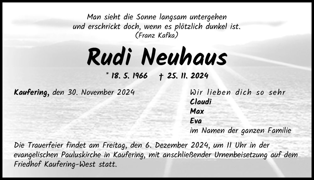  Traueranzeige für Rudi Neuhaus vom 30.11.2024 aus Landsberger Tagblatt