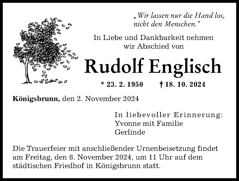 Traueranzeige von Rudolf Englisch von Augsburger Allgemeine