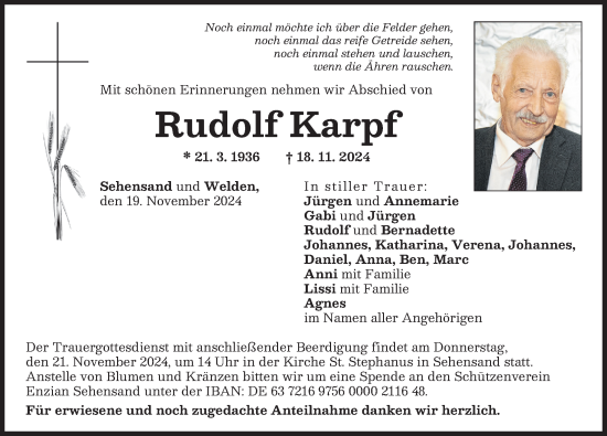 Traueranzeige von Rudolf Karpf von Neuburger Rundschau