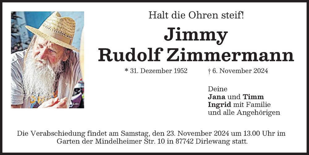 Traueranzeige von Jimmy Rudolf Zimmermann von Mindelheimer Zeitung