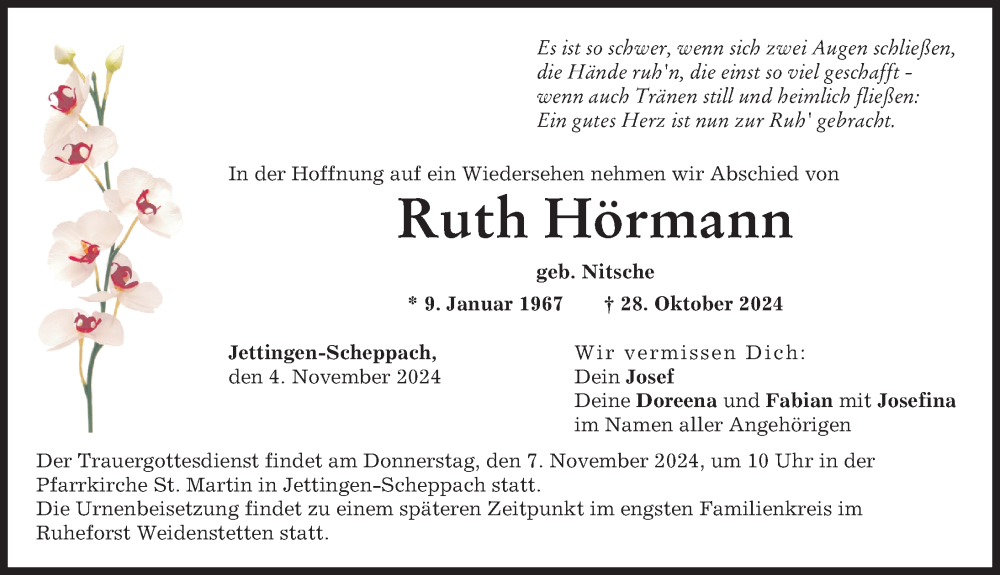  Traueranzeige für Ruth Hörmann vom 04.11.2024 aus Günzburger Zeitung