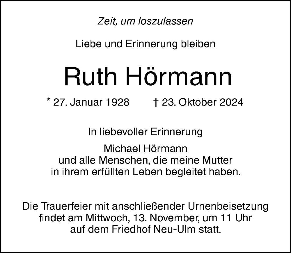 Traueranzeige von Ruth Hörmann von Augsburger Allgemeine, Neu-Ulmer Zeitung