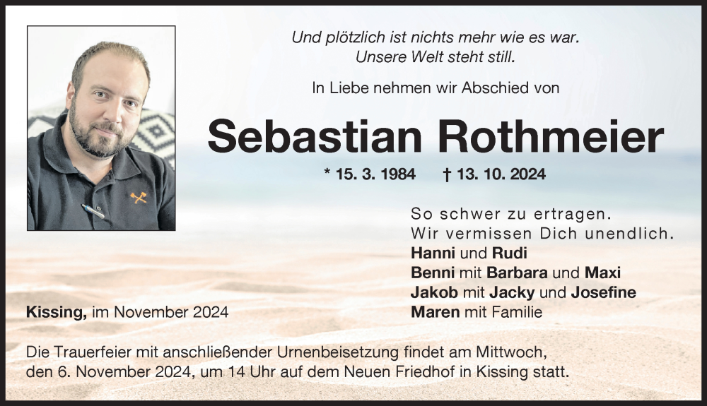 Traueranzeige von Sebastian Rothmeier von Friedberger Allgemeine