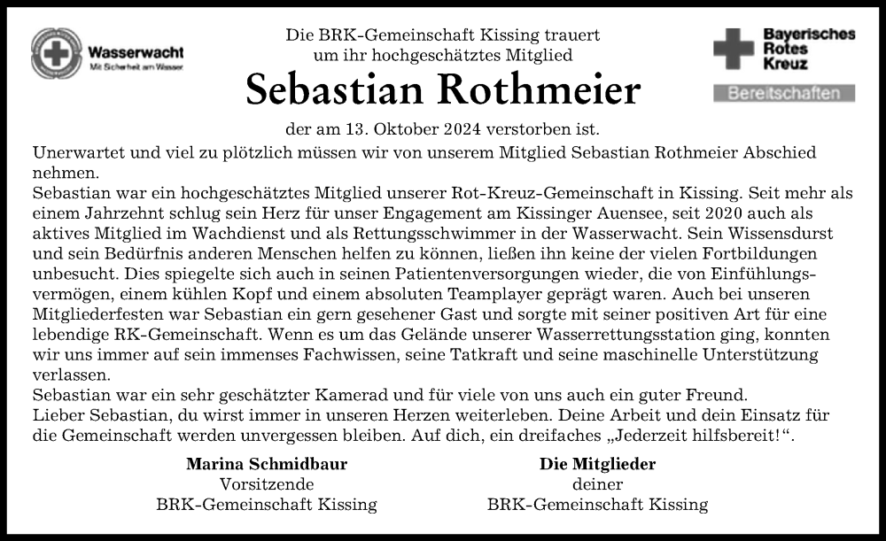 Traueranzeige von Sebastian Rothmeier von Friedberger Allgemeine