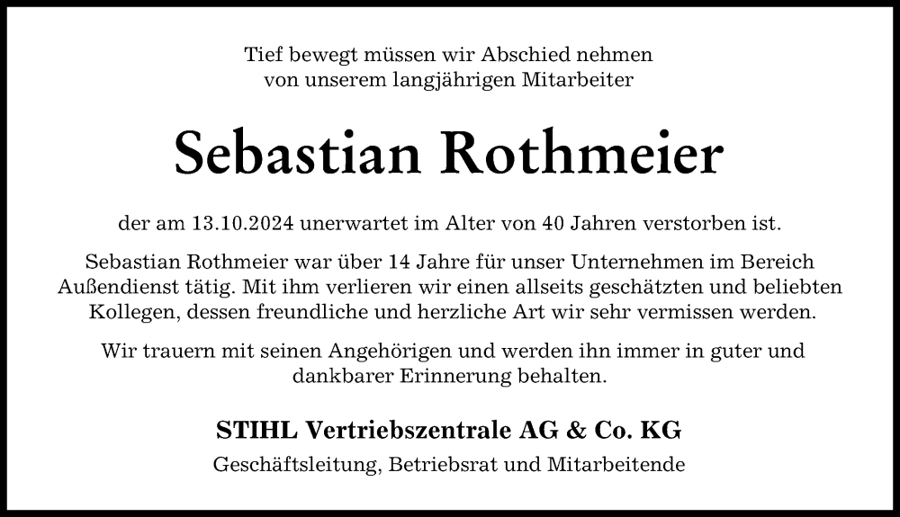 Traueranzeige von Sebastian Rothmeier von Friedberger Allgemeine