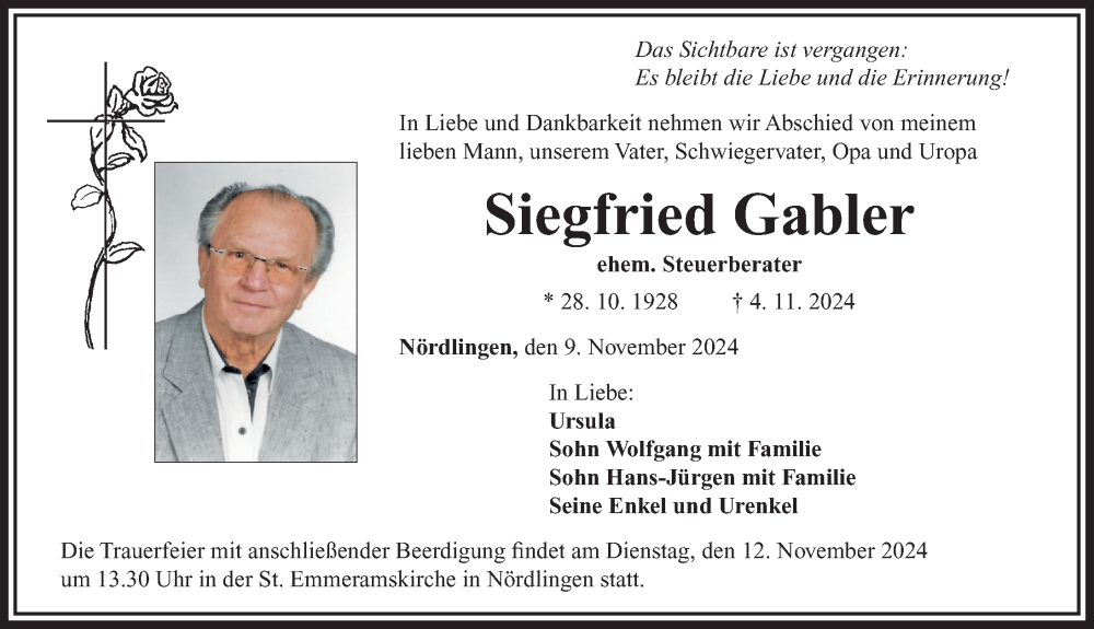 Traueranzeige von Siegfried Gabler von Rieser Nachrichten