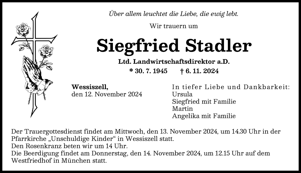 Traueranzeige von Siegfried Stadler von Friedberger Allgemeine, Augsburger Allgemeine