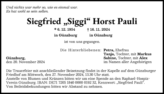 Traueranzeige von Siegfried Horst Pauli von Günzburger Zeitung