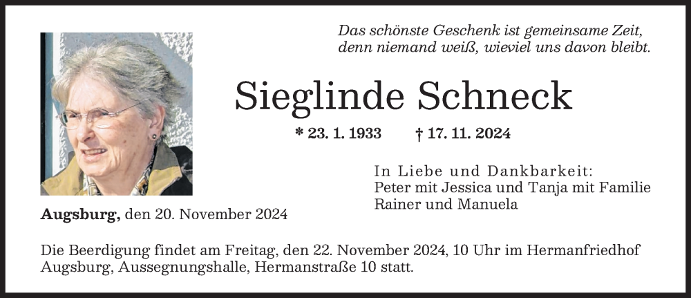 Traueranzeige von Sieglinde Schneck von Augsburger Allgemeine