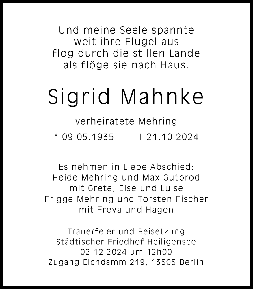 Traueranzeige von Sigrid Mahnke von Rieser Nachrichten