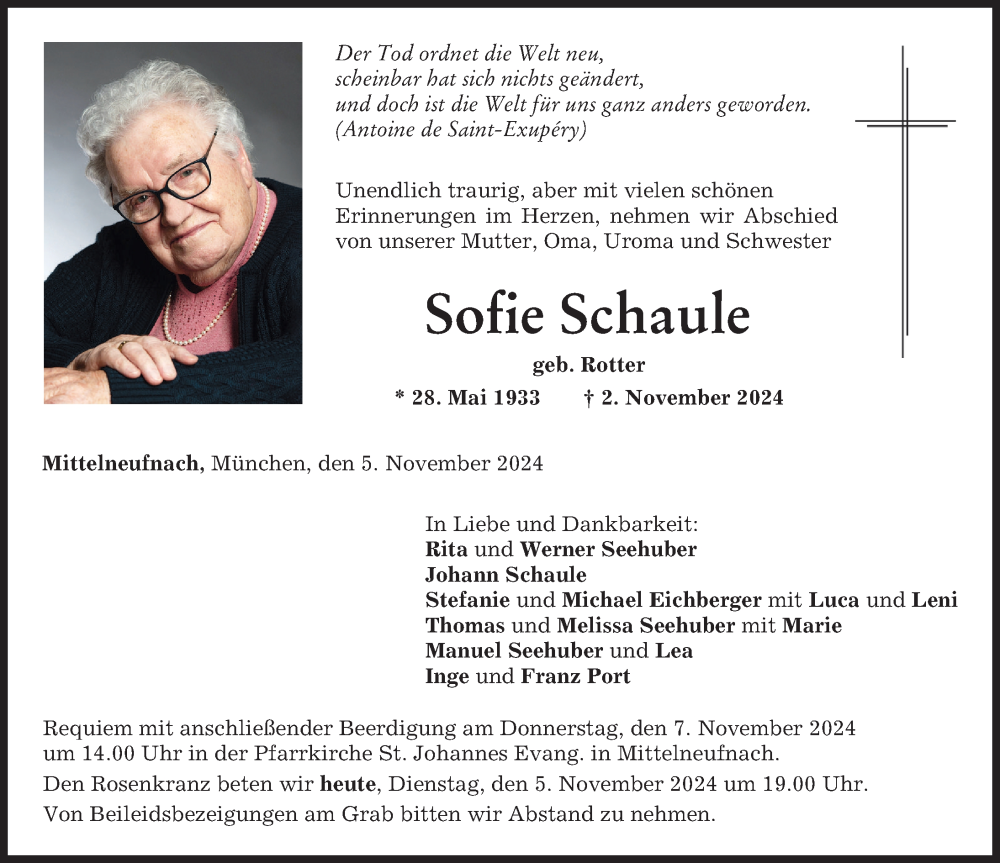 Traueranzeige von Sofie Schaule von Schwabmünchner Allgemeine