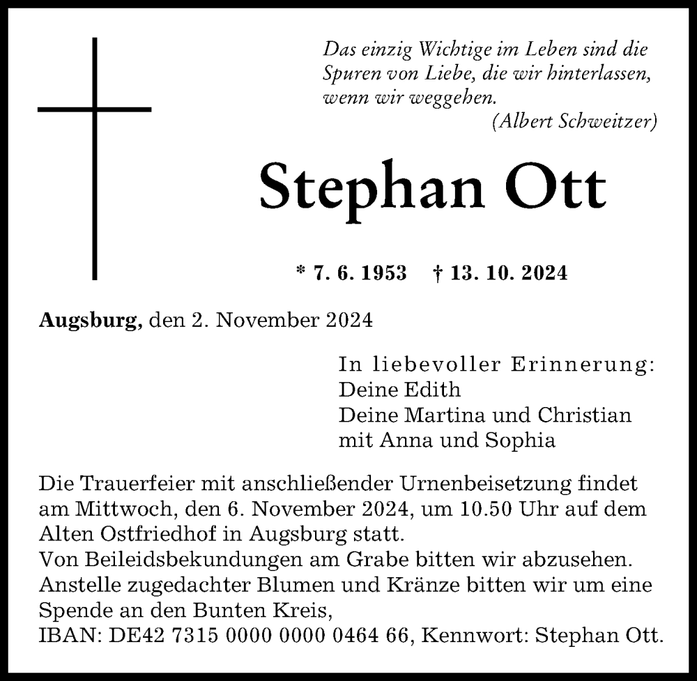 Traueranzeige von Stephan Ott von Augsburger Allgemeine