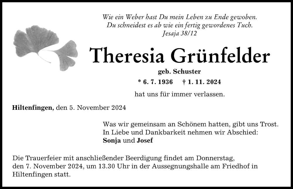 Traueranzeige von Theresia Grünfelder von Schwabmünchner Allgemeine