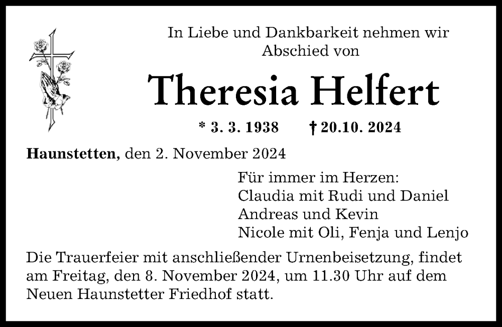 Traueranzeige von Theresia Helfert von Augsburger Allgemeine