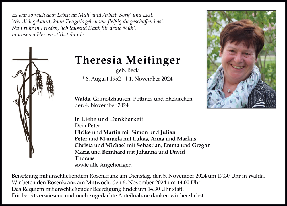 Traueranzeige von Theresia Meitinger von Neuburger Rundschau