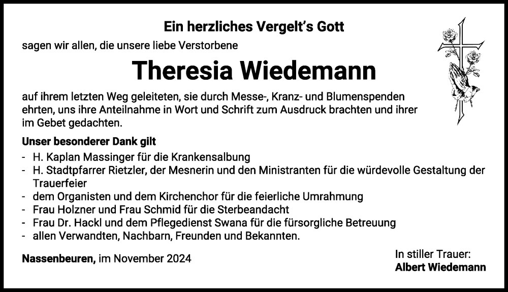 Traueranzeige von Theresia Wiedemann von Mindelheimer Zeitung