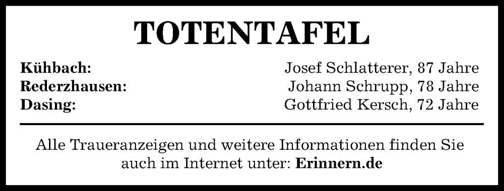 Traueranzeige von Totentafel vom 02.11.2024 von Aichacher Nachrichten