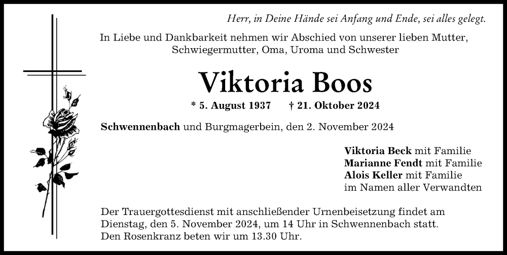 Traueranzeige von Viktoria Boos von Donau Zeitung