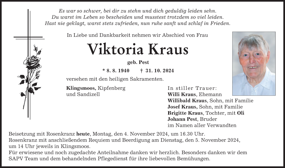 Traueranzeige von Viktoria Kraus von Neuburger Rundschau