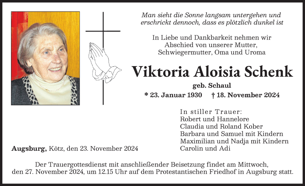 Traueranzeige von Viktoria Aloisia Schenk von Günzburger Zeitung, Augsburger Allgemeine