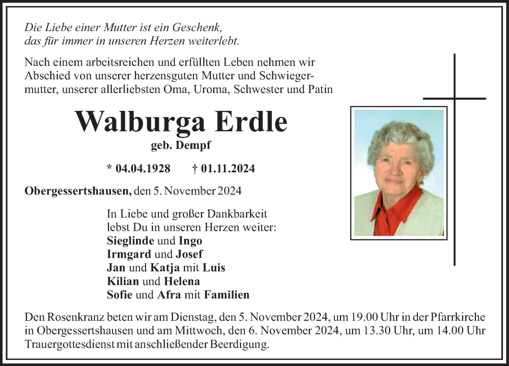 Traueranzeige von Walburga Erdle von Mindelheimer Zeitung