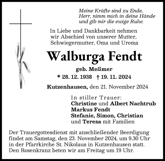 Traueranzeige von Walburga Fendt von Augsburg-Land