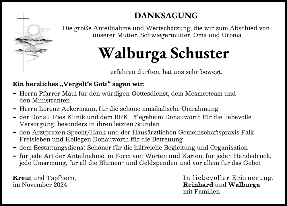 Traueranzeige von Walburga Schuster von Donauwörther Zeitung