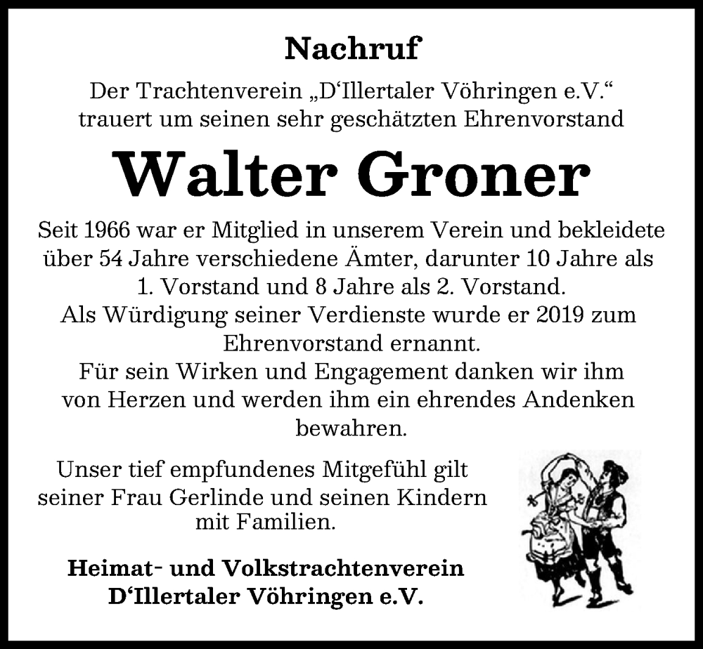 Traueranzeige von Walter Groner von Illertisser Zeitung