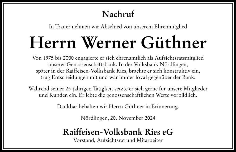 Traueranzeige von Werner  Güthner von Rieser Nachrichten