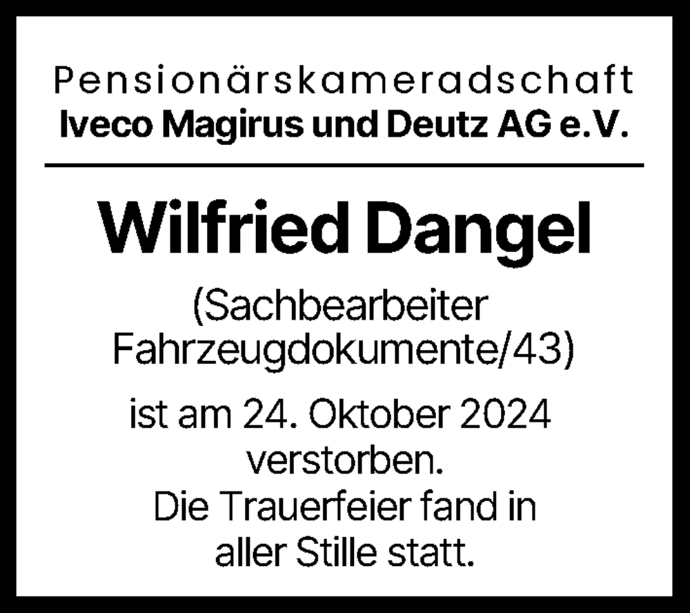 Traueranzeige von Wilfried Dangel von Illertisser Zeitung, Günzburger Zeitung, Neu-Ulmer Zeitung