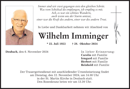 Traueranzeige von Wilhelm Imminger von Günzburger Zeitung