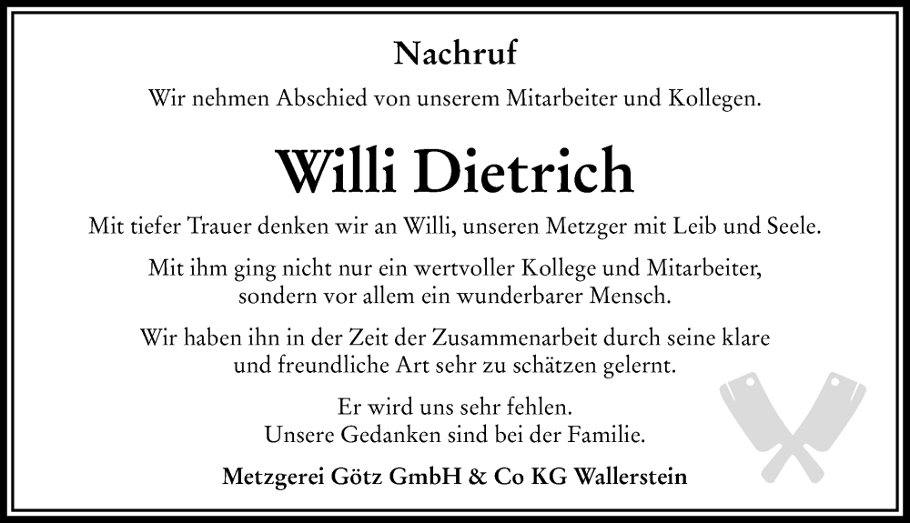 Traueranzeige von Willi Dietrich von Rieser Nachrichten