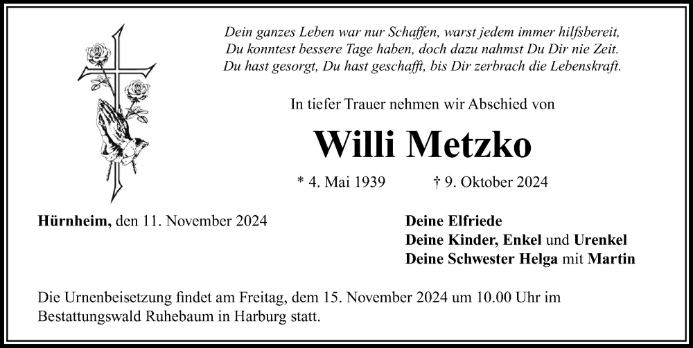 Traueranzeige von Willi Metzko von Rieser Nachrichten