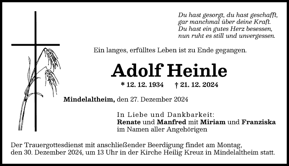 Traueranzeige von Adolf Heinle von Günzburger Zeitung