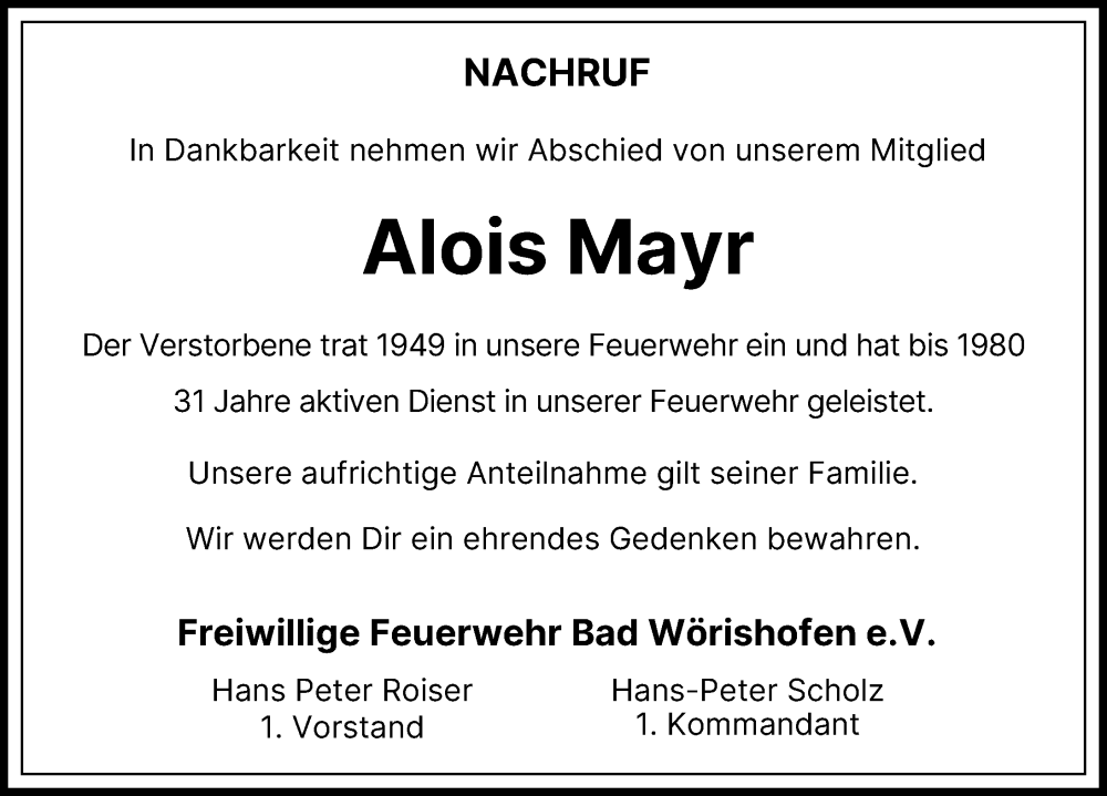 Traueranzeige von Alois Mayr von Mindelheimer Zeitung