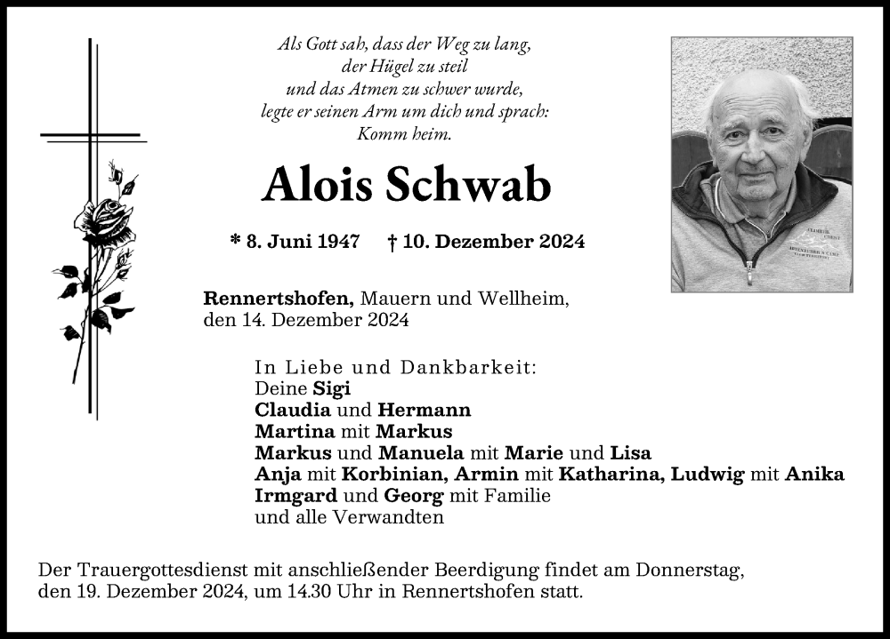 Traueranzeige von Alois Schwab von Neuburger Rundschau