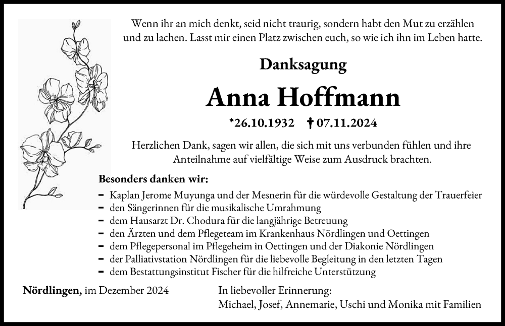 Traueranzeige von Anna Hoffmann von Rieser Nachrichten