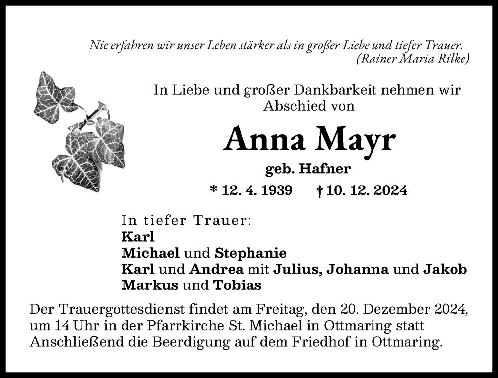 Traueranzeige von Anna Mayr von Friedberger Allgemeine