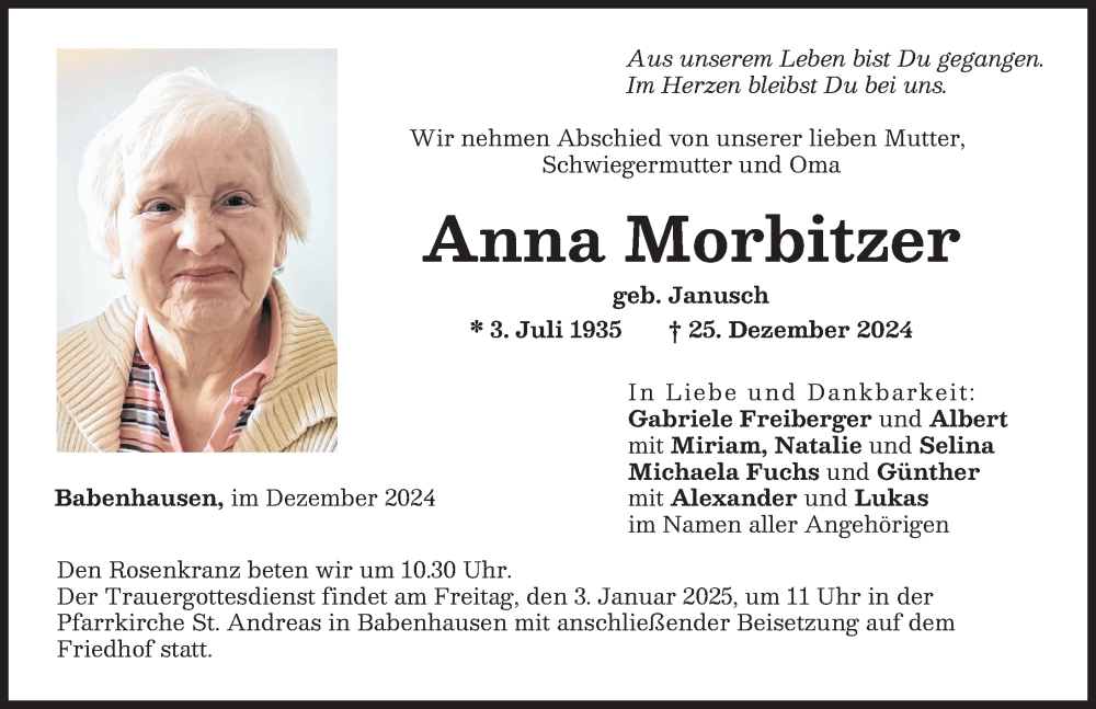 Traueranzeige von Anna Morbitzer von Illertisser Zeitung