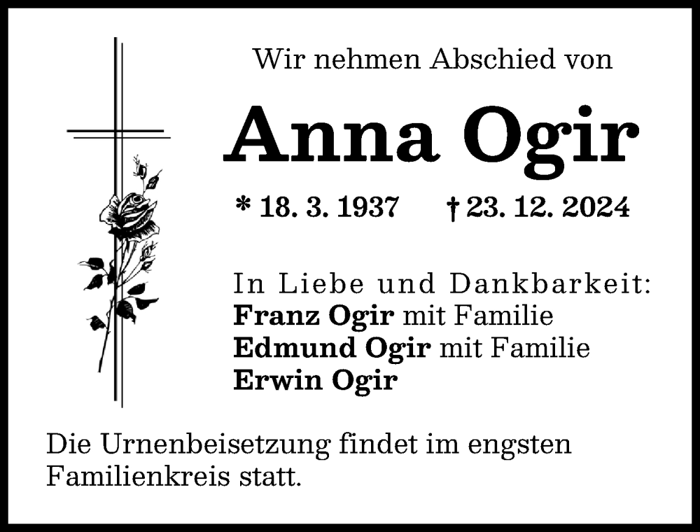 Traueranzeige von Anna Ogir von Schwabmünchner Allgemeine