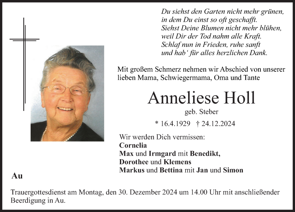 Traueranzeige von Anneliese Holl von Illertisser Zeitung