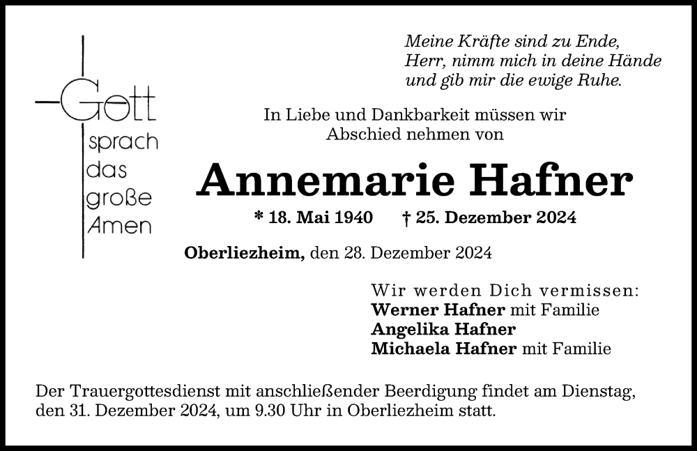 Traueranzeige von Annemarie Hafner von Donau Zeitung